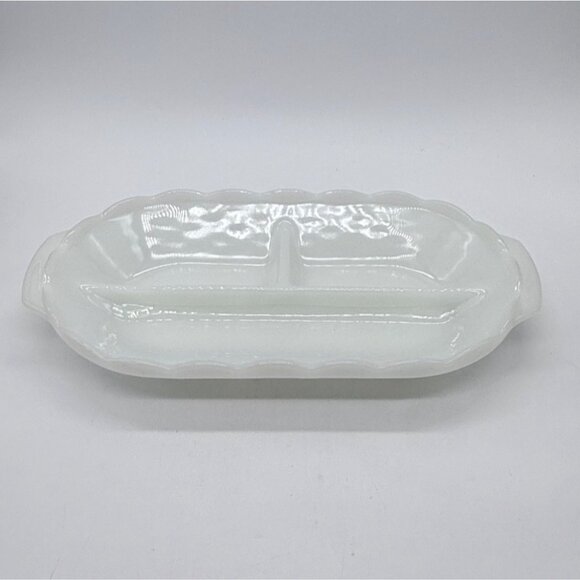 Vintage White Milk Glass Divided Relish Dish With Scalloped Edges - Picture 1 of 12